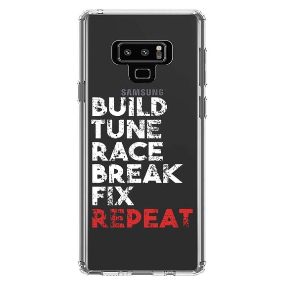 DistinctInk Clear Shockproof Hybrid Case for Samsung Galaxy Note 9 - TPU Bumper Acrylic Back Tempered Glass Screen Protector - Build Tune Race Break Fix Repeat