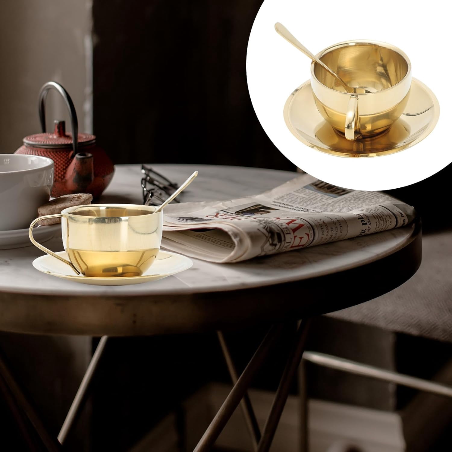 ABCISI Stainless Steel Coffee Cup Set with Saucers and Spoons, 7Oz Double Wall Espresso Mugs for Tea Latte and Cappuccino Enjoyment for Home Coffee Shop and Office, Gold
