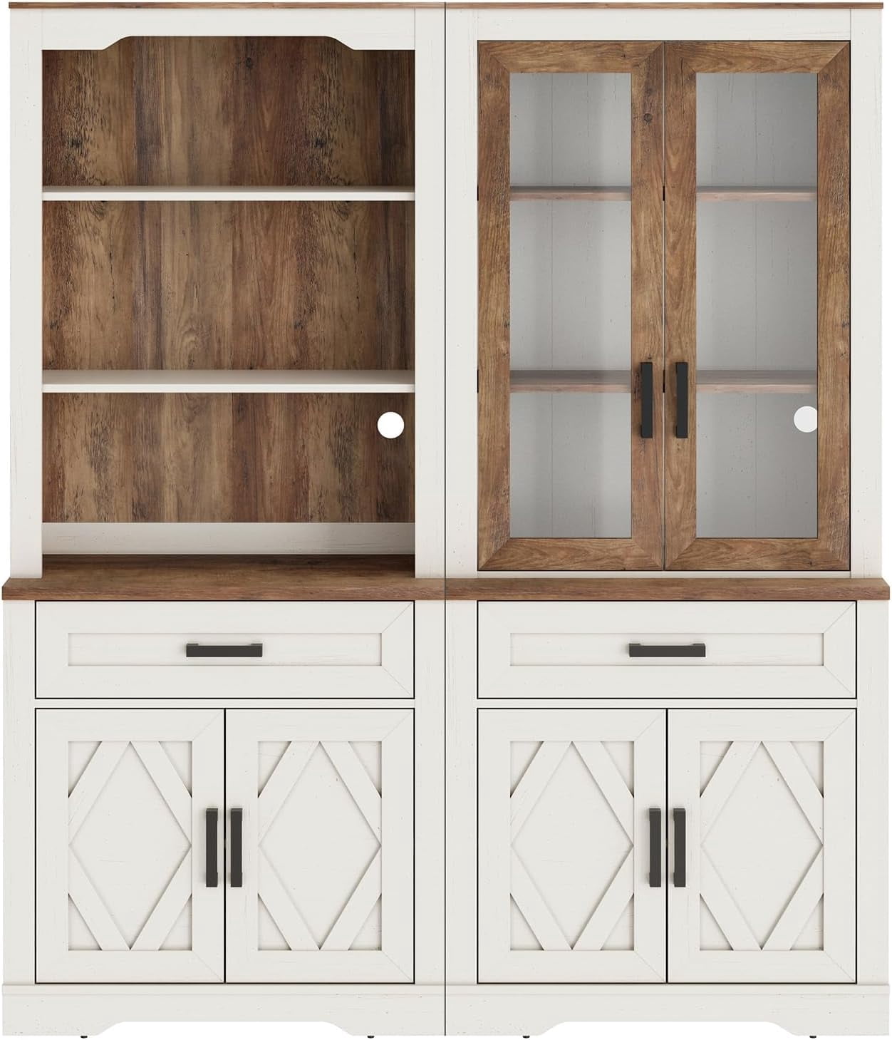 WAMPAT 5 Tier Bookcase with Barn Door,73.3" Tall Open Storage Bookshelf,Floor Standing Farmhouse Display Organizer with Drawer and Glass Door for Home Office,Living Room,White Oak