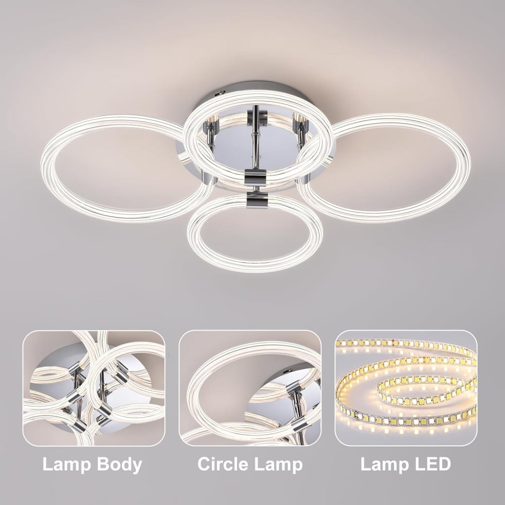 IVV Modern LED Flush Mount Ceiling Light with Dimmable Remote Control, 4 Rings Lighting Fixture Ceiling Lamp for Kitchen, Living Room, Bedroom, Laundry Room, 3000K-6500K, CRI 90+ (Silver)