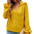 thumbnail image 2 of Women Puff Long Sleeve V Neck Knitted Pullover Sweater Jumper Tops Solid Color Casual Hollow Tops S-XL, 2 of 9