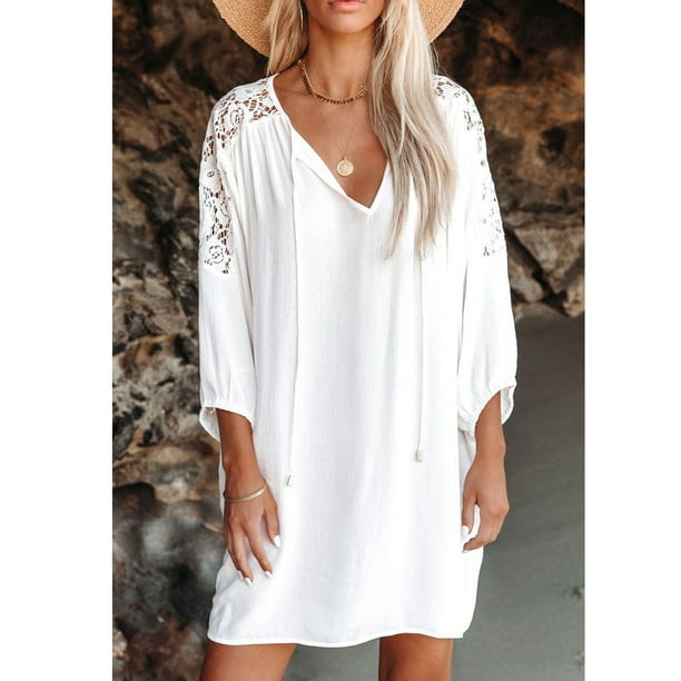 Vestido de cintura suelta con cuello en V profundo de verano para mujer vestido de hombro de encaje floral fluido de manga tres cuartos informal ANGGREK Otros
