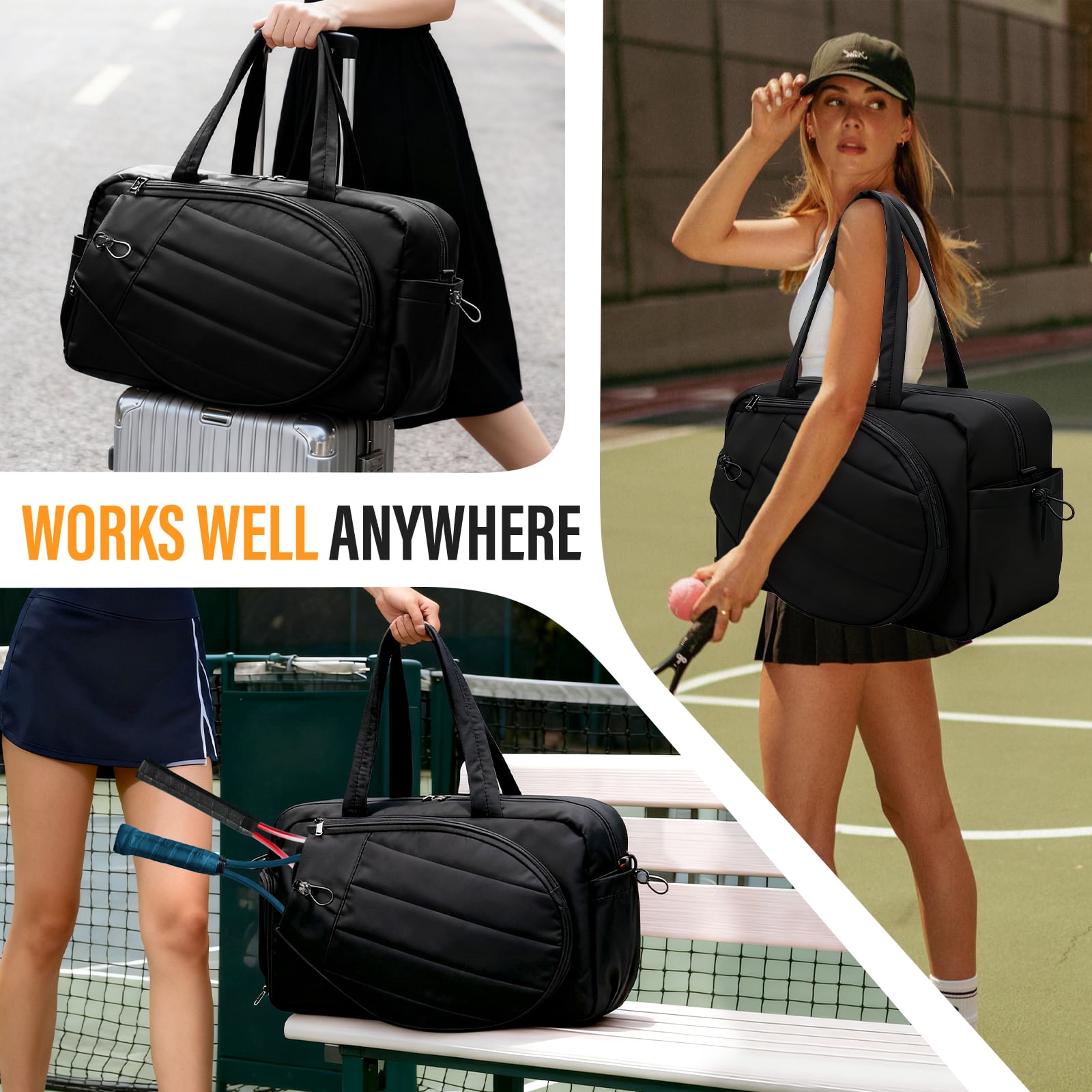 Gocvo Womens Tennis Bag with Shoe Compartment, Versatile Lightweight Tennis Racket Bag, Sports Bag for Tennis Pickleball Badminton (Black)