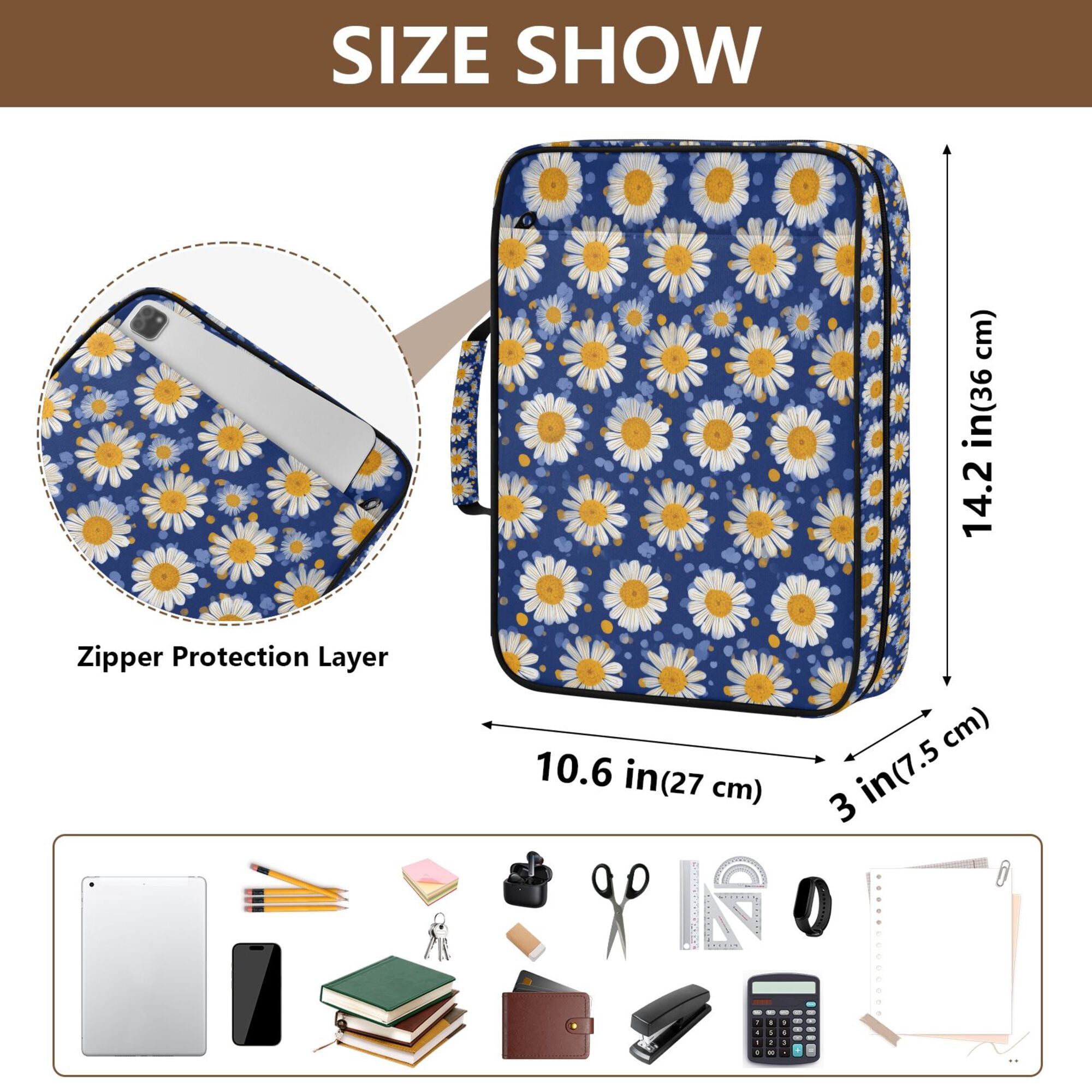 FORMRS Accordion File Folder A4 Size 7-Pocket Expanding Document Organizer Bag with 3 Ring Binder, Elegant Daisy Pattern