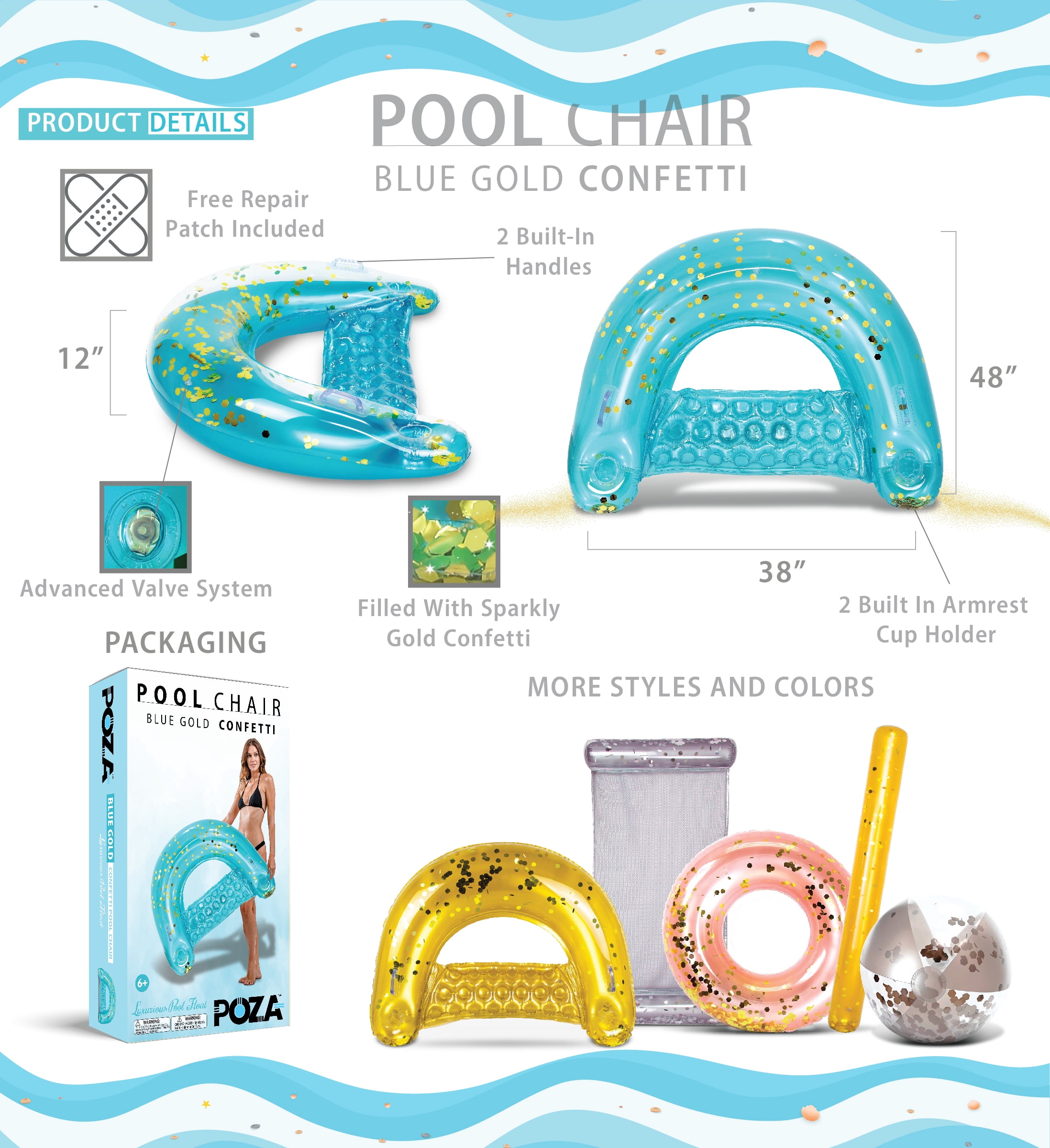 POZA Adult Inflatable Sparkle Confetti Chair Pool Float, 48"x38" with 2 Built in Cup Holders