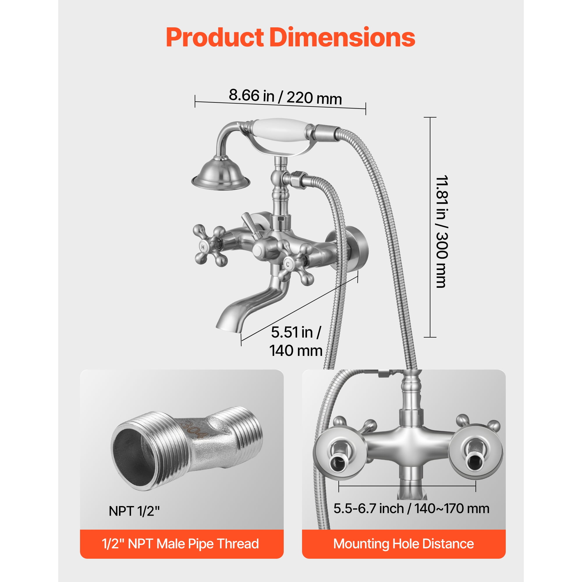 KFFKFF Wall-Mount Clawfoot Tub Faucet with Handheld Shower, Brushed Nickel Finish, Vintage-Style Bathtub Filler with Adjustable Swing Arms and 360° Rotating Spout