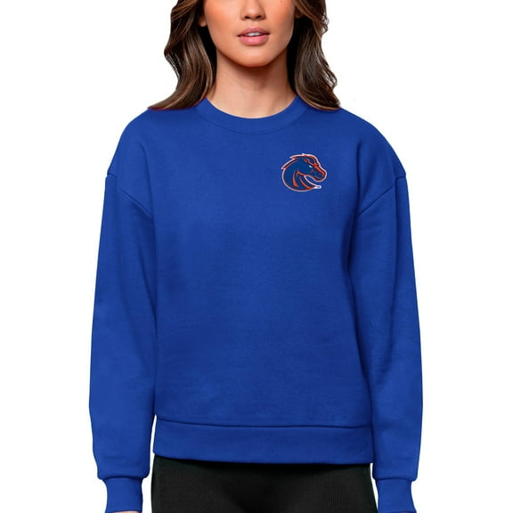Women's Antigua Royal Boise State Broncos Logo Victory Crewneck Pullover Sweatshirt