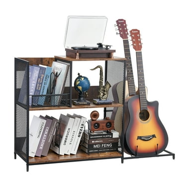 KFFKFF Triple-Layer Turntable Stand with Guitar Support, Accommodates 300 Album Storage, Metal Mesh Constructed Vinyl Record Cabinet for Lounge, Bedroom in Black