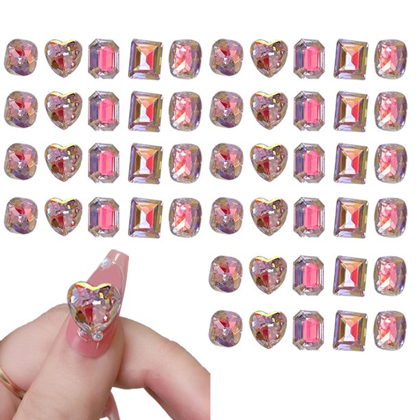 50 piezas de diamantes de imitación de color rosa para uñas, múltiples formas, diamantes de imitación con parte posterior plana, gemas, piedras de vidrio K9, diamantes, joyas, cristales