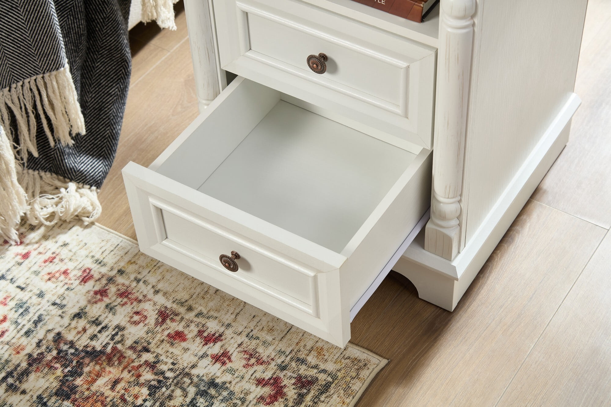 AENKYO Farmhouse 2-Drawer Nightstand with Charging Station, Rustic Wooden End Table for Bedroom & Living Room, White