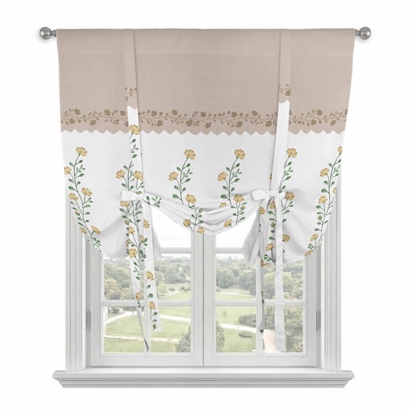 Beige Floral Balloon Curtains 63 Inch Length for Living Room/Bedroom, Spring Summer Botanical Flowers Rod Pocket Privacy Door Curtains Decorative Tie Up Shade for Window 52"x63"