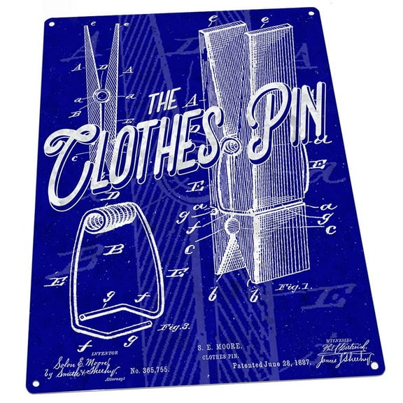 Blueprint Clothespin Patent Illustration 9"x12" Metal Sign, Wall Decor for Bath or Laundry