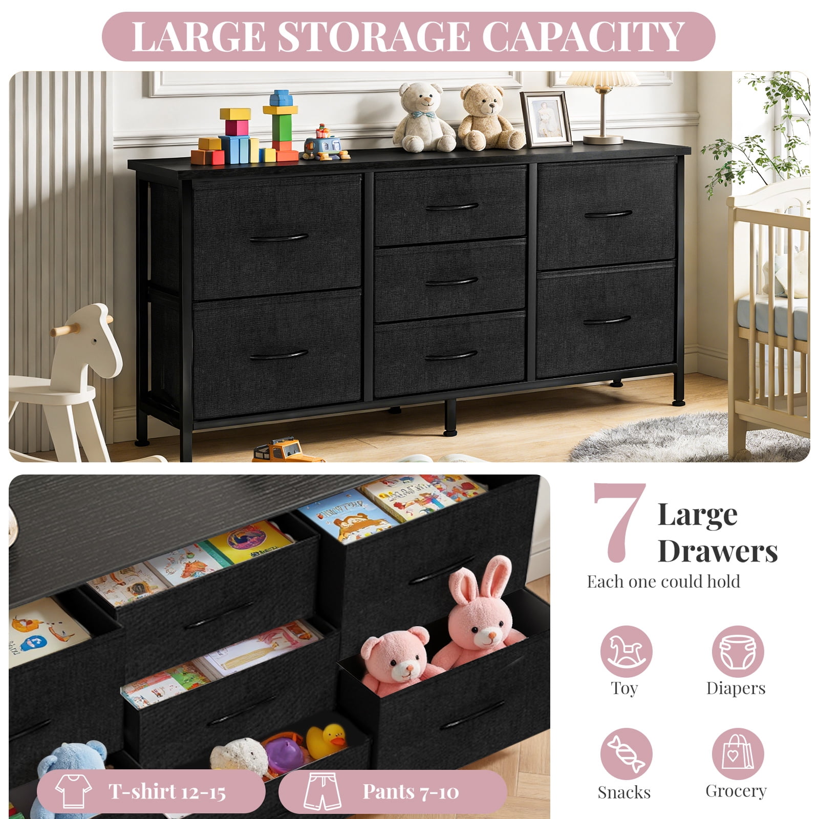Dresser, Betcozy Storage Organizer with 7 Drawers for Bedroom, Chest of Drawers with Fabric Bins, Sturdy Metal Frame, Wood Tabletop for Guest Room, Closet, Entryway, Nursery, Black