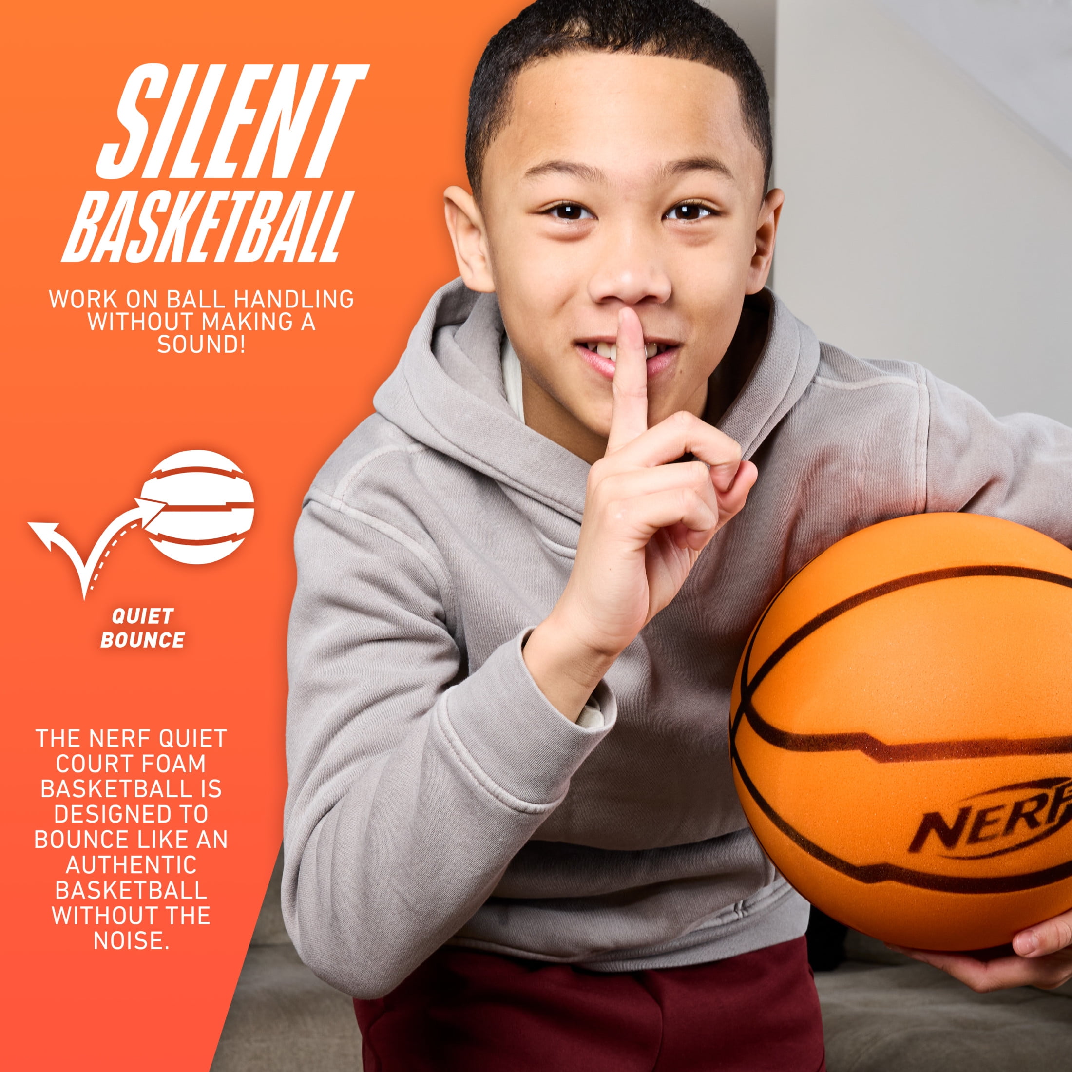 NERF Quietcourt Silent Foam Basketball - Official Size Quiet Ball for Indoor Dribbling Practice + Drills - 29.5" Inch Kids + Youth Basketball - Never Goes Flat Foam Construction