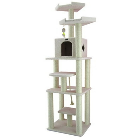 Cat Tree Tower Six Level Ivory Playhouse Cat Scratching Post - 81" Tall Indoor Kitty Condo