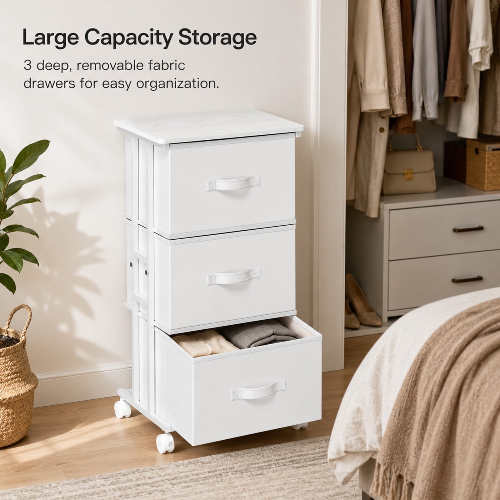 Alvantor Fabric Dresser 3 Drawer Storage Chest, Rolling Storage Tower, Vertical Storage Unit for Bedroom, Closet, Office
