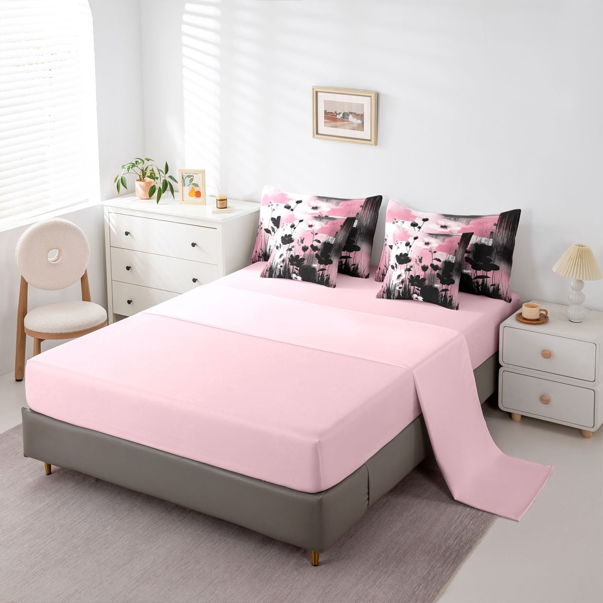 Homewish Black Pink Flowers 7-Piece Twin Bedding Sets For Teens Boys Girls,Abstract Watercolor Artwork Bedding Comforter Set,Retro Vintage Breathable Sheet Sets,Luxury Bedroom Decor,Reversible