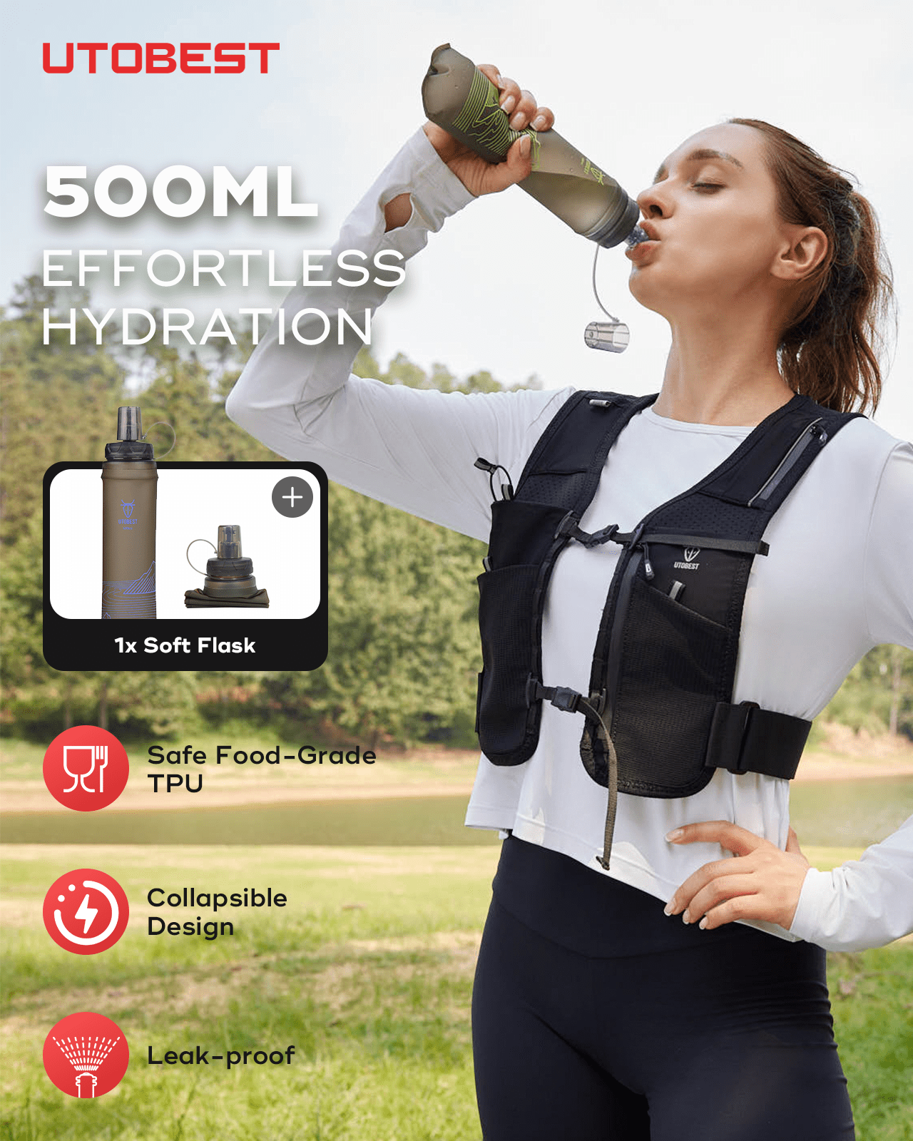 UTOBEST UTR113 Reflective Running Vest Hydration Pack Adjustable Phone Holder with 500ml Soft Flask and Led Light, S