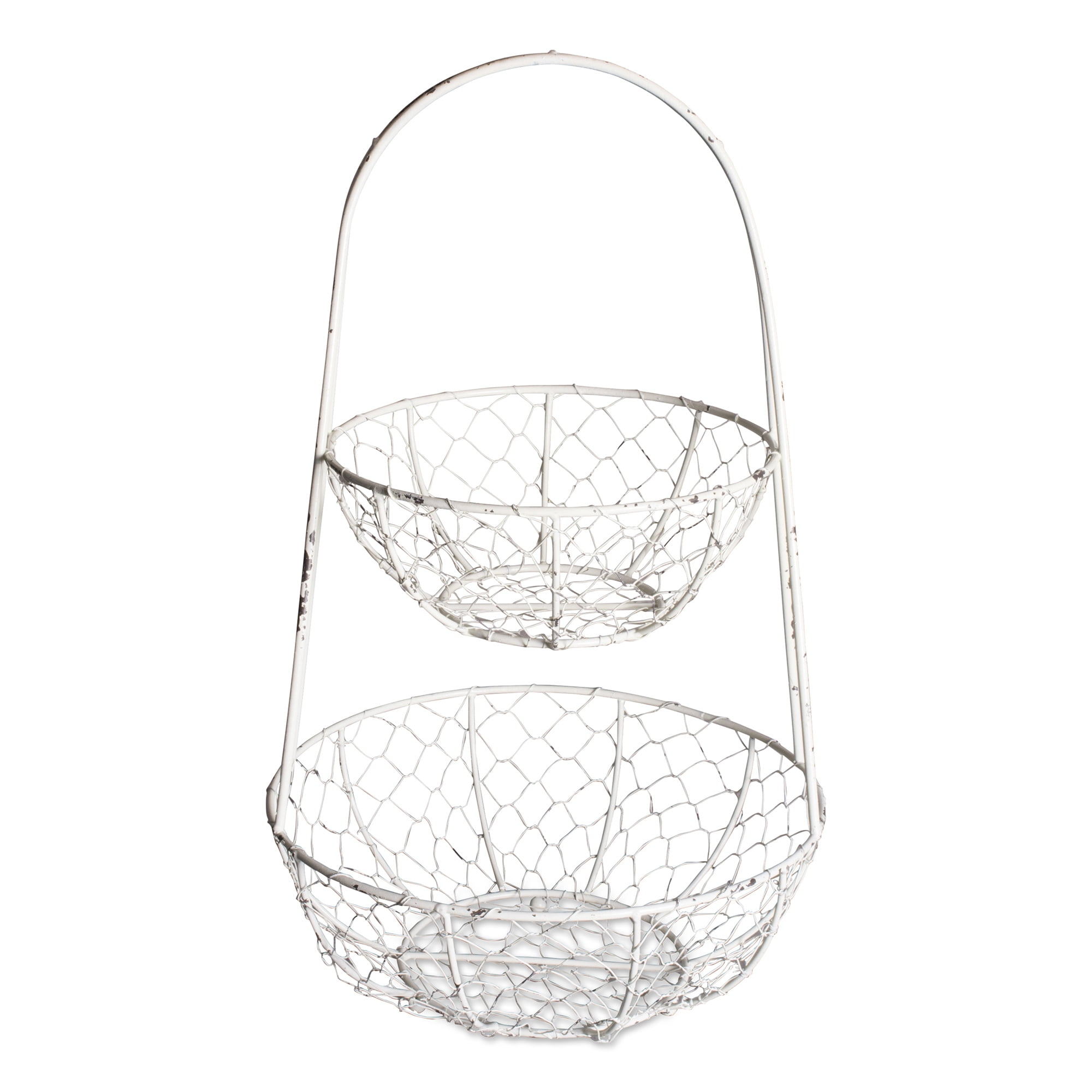 CVHOMEDECO Rustic Chicken Wire 2 Tier Fruit Basket Metal Gathering Basket with Handle Country Vintage Style Storage Basket 12-3//4 X 8-3//4 X H 16 Inch Grey