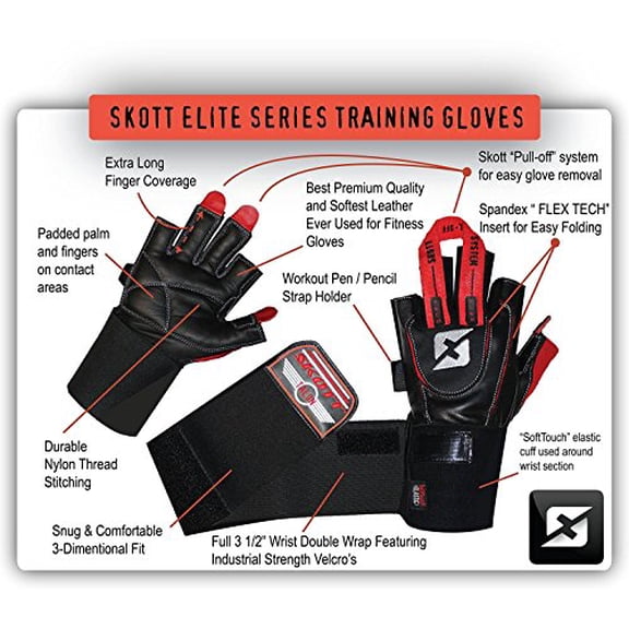 Skott Talon Elite Weightlifting Gloves Genuine Leather Gym Gloves with Wrist Wrap Support, Durable Grip for Training, Bodybuilding & Fitness (X-Large, Unisex)