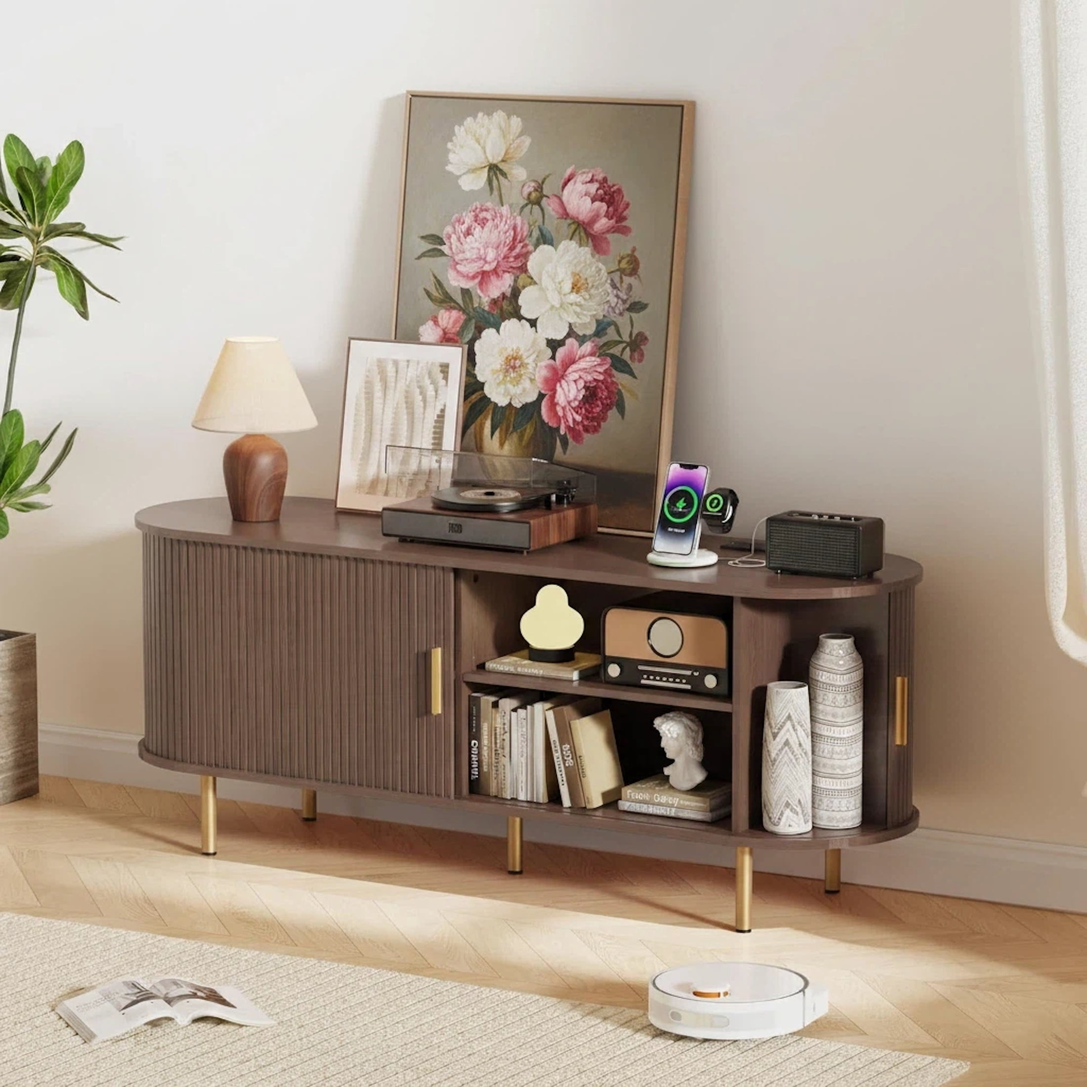 Aisword 55 Inch TV Stand with Power Outlet for TVs up to 60 Inch, Entertainment Center with Storage and Adjustable Shelves, Media Console with Sliding Doors for Living Room, Brown