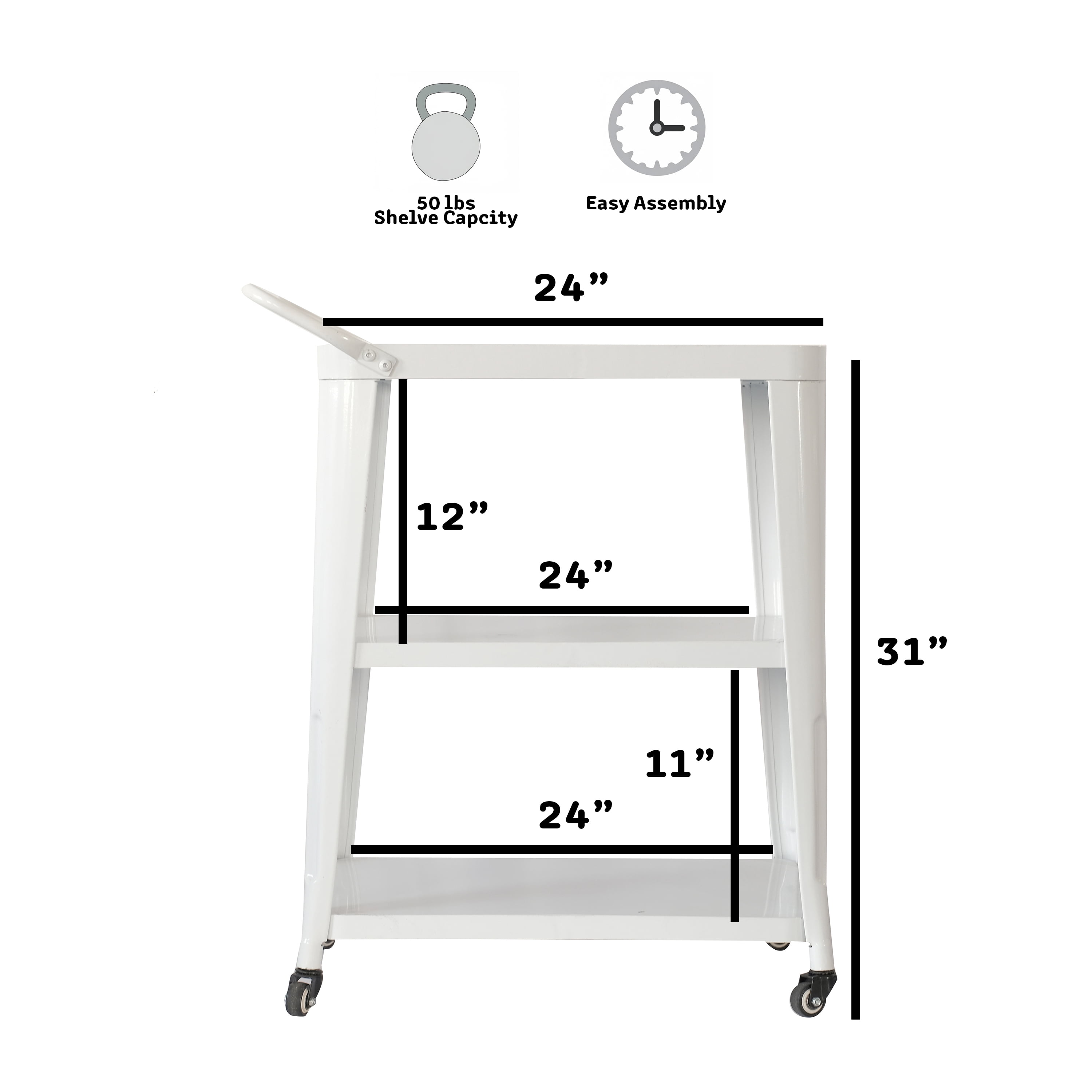 3-Tiered Metal Frame, Industrial Dining Cart with Swivel Wheels, White