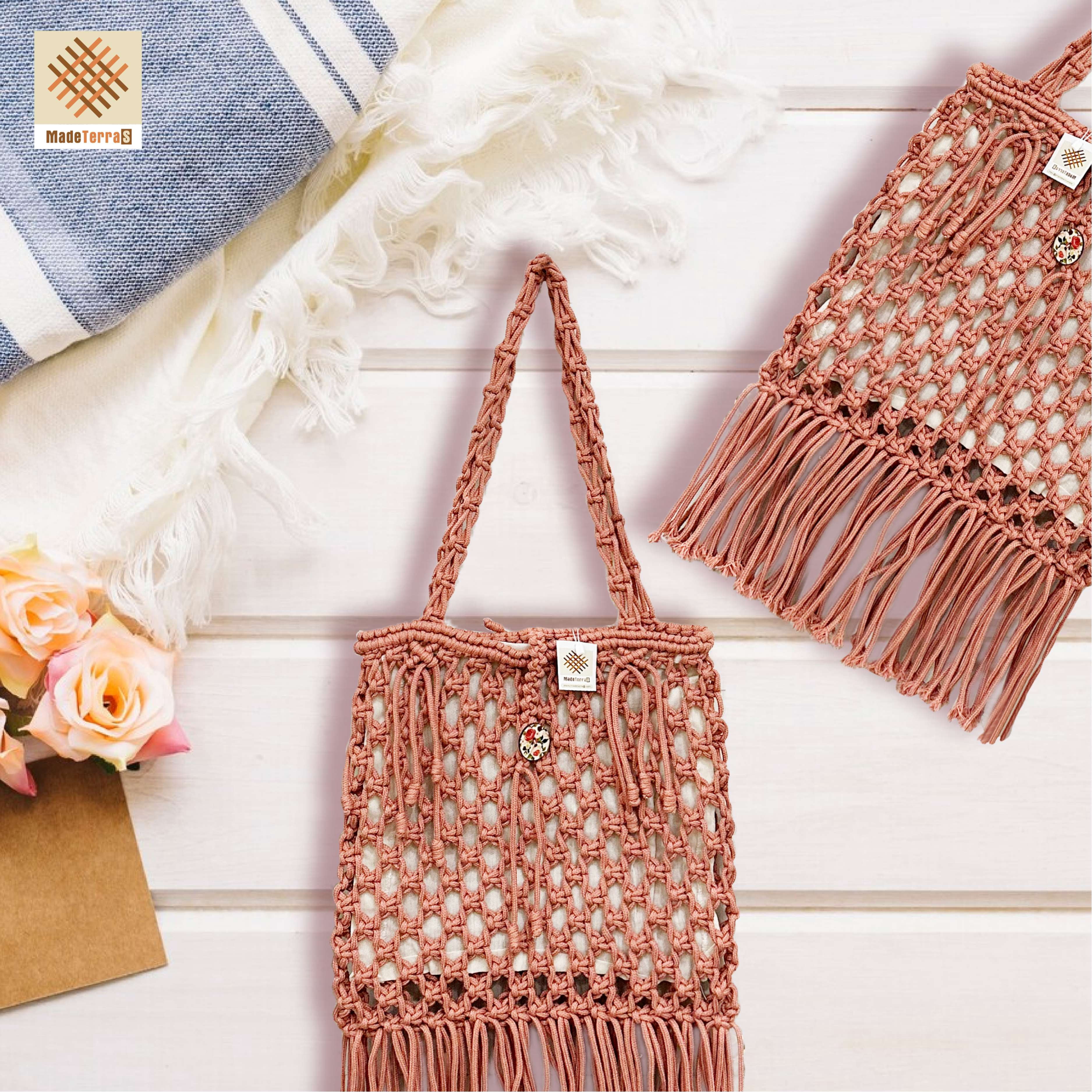 Pink Crochet Tote Bag for Women| Rustic Crochet Handbags Knitted Shoulder Bags