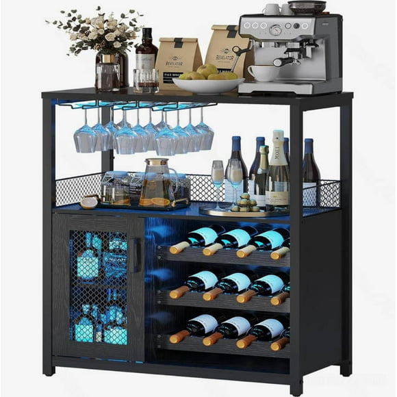 Alician Wine Bar Cabinet With LED Lights,Industrial Home Coffee Bar With Adjustable Wine Rack & Glass Holder, Modern Liquor Cabinet