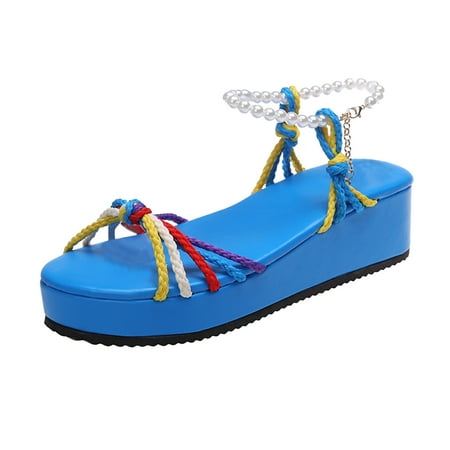 

GWAABD Womens Sandals Wide Width Ladies Fashion Summer Colorful Braided Strap Pearl Buckle Platform Wedge Sandals