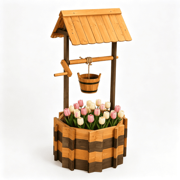 Ktaxon 45 Inch Two-Tone Carbonized Wood Wishing Well Planter with Roof, Outdoor Decorative Wooden Wishing Well Flower Pot for Patio Lawn Garden Backyard