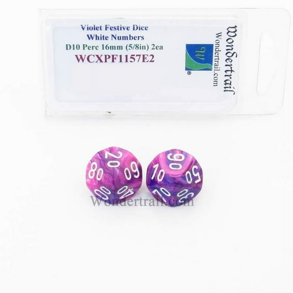 Violet Festive Dice with White Numbers D10 Perc Aprox 16mm (5/8in) Pack of 2 Wondertrail