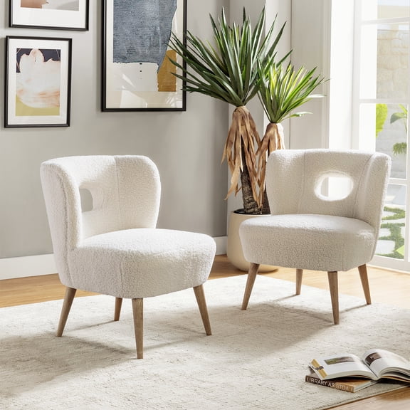 Sherpa Barrel Accent Chair White Upholstered Cutout Back Armless Wooden Legs Home Bedroom Living Room Ivory