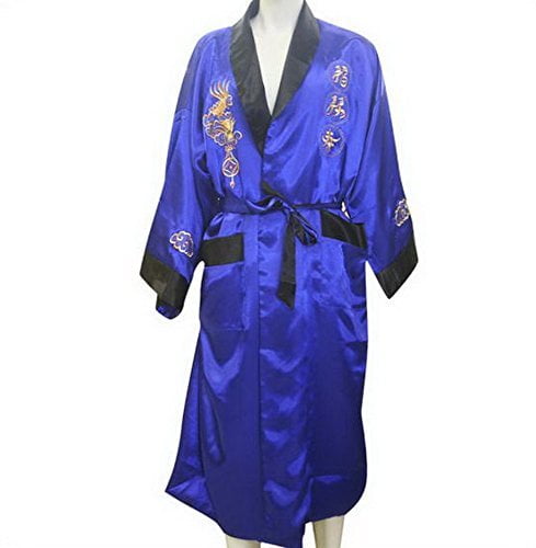 THY COLLECTIBLES Unisex Reversible Silk Satin Robe Kimono Relaxation  Bathrobe Dragon Embroidered Night Gown (Blue, Asian XXL = US XL)