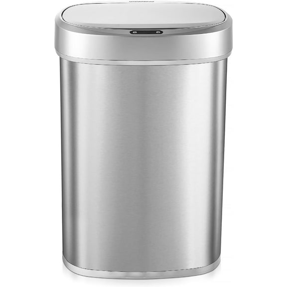 NINESTARS DZT-50-49 Automatic Touchless Motion Sensor Oval Trash Can, Black Top, 13 Gallon/50 Liter, Stainless Steel