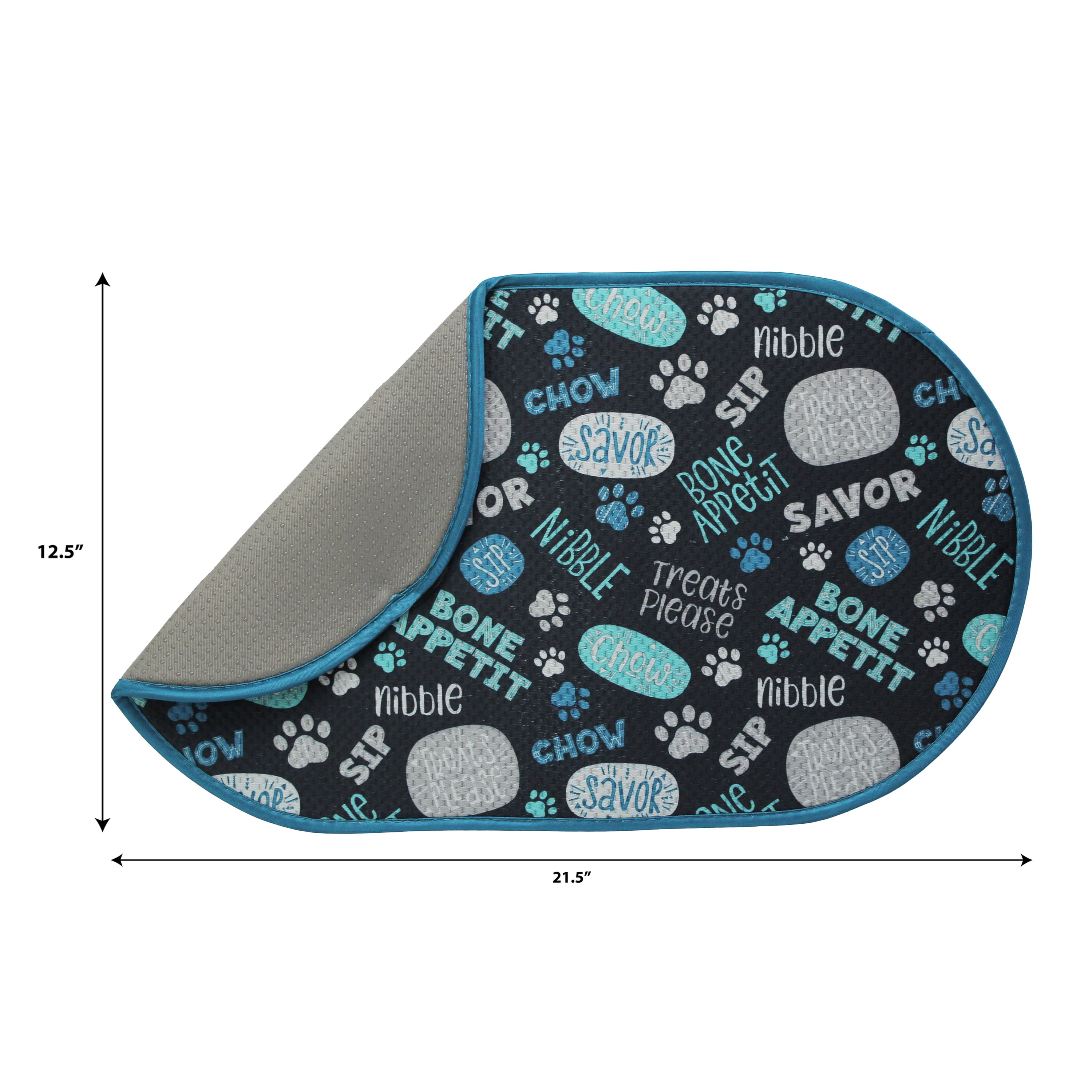 S&T INC. Pet Bowl Mat, 12.5 inch x 21.5 inch, Blue Typography Print, Microfiber Dog and Cat Mat