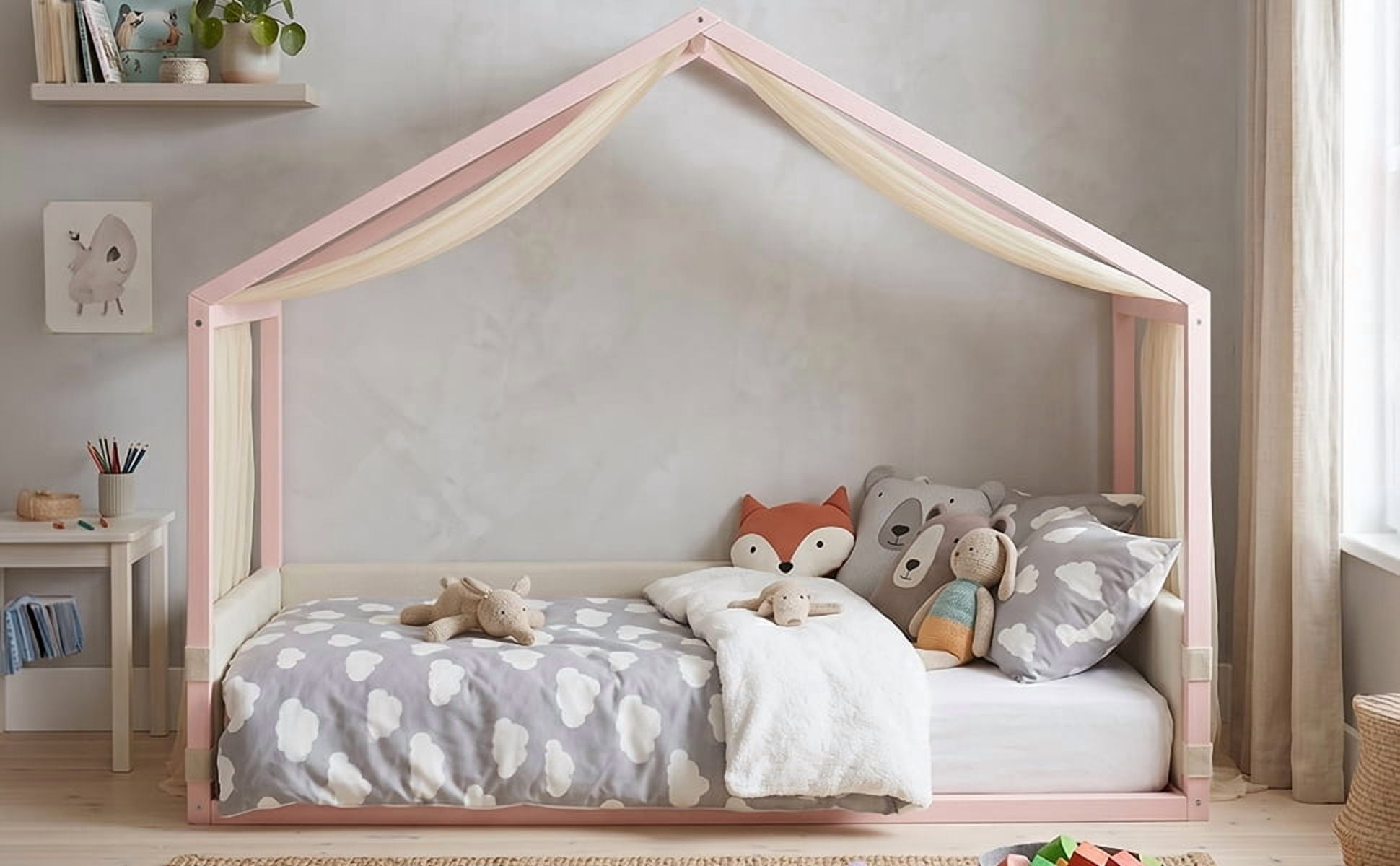 Mintazer Twin Size Montessori House Floor Bed with Breathable Gauze Canopy & Velvet Upholstered Side Guard Panels, Low Platform Kids Playhouse Bed Frame for Bedroom Guest Room, Pink