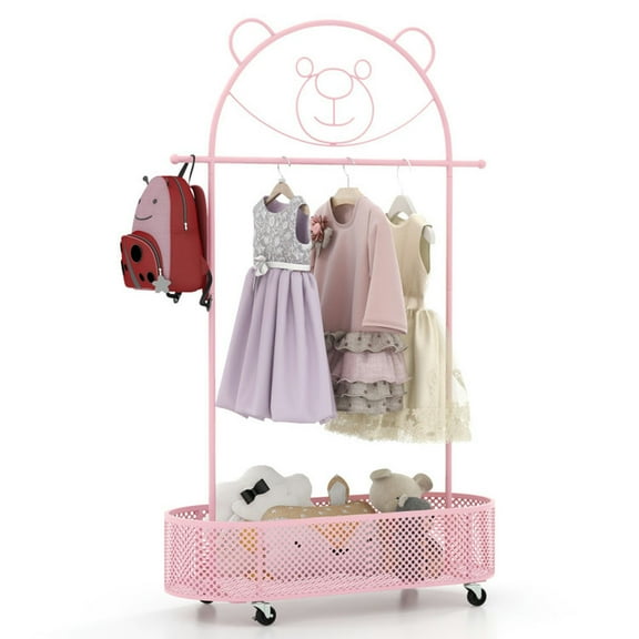 Barara King Clothes Rack,Kid Clothes Rack with 3 Adjustable Heights and Wheels-Pink