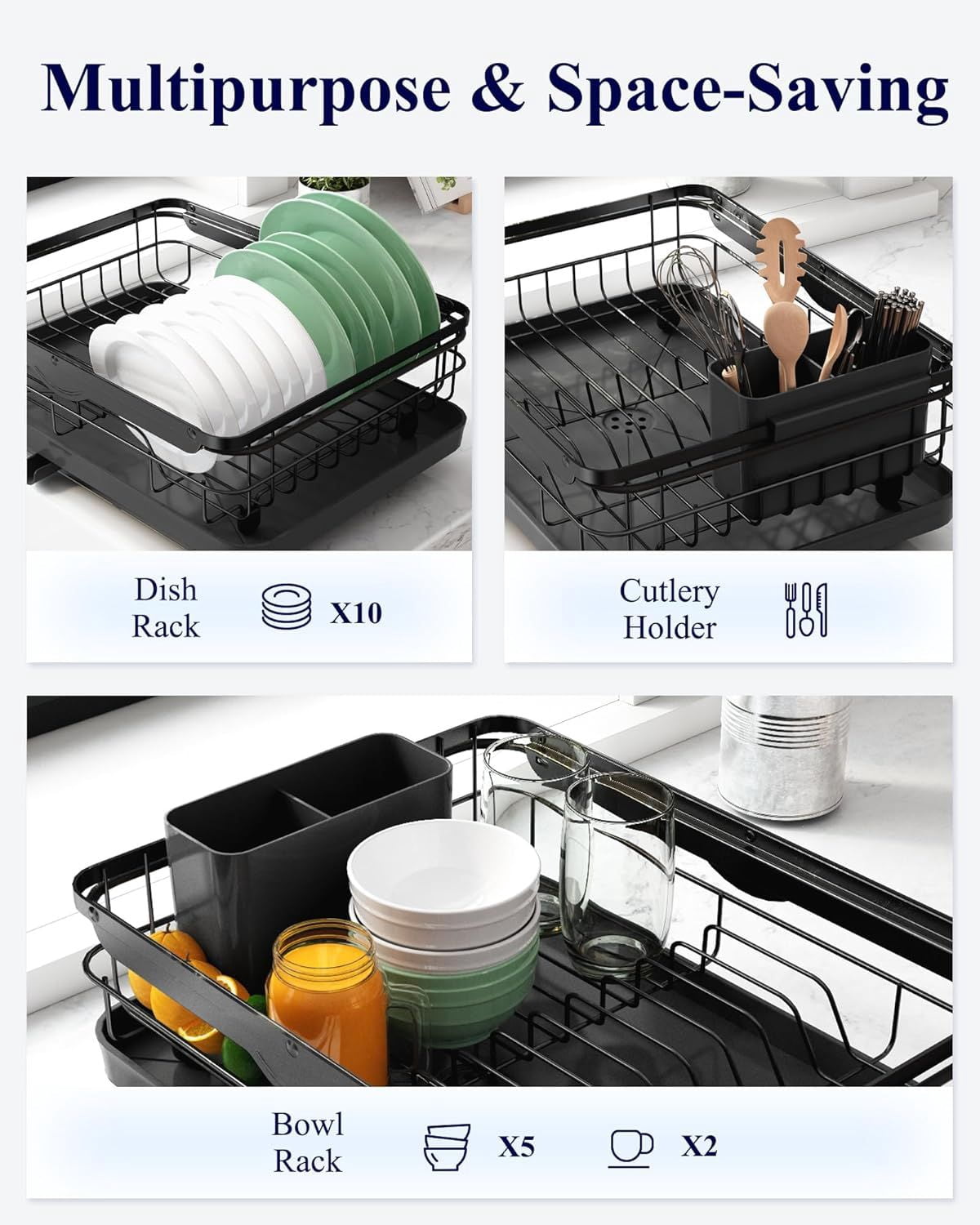 Dish Drying Rack for Kitchen Counter, Stainless Steel Sink Organization and Storage Essentials with Cutlery Holder, Home and Appartment Decor, 12.2"W x 15.7"~23"L