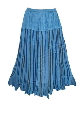 Mogul Women's Long Skirt Blue Vertical Stripes Rayon Skirts