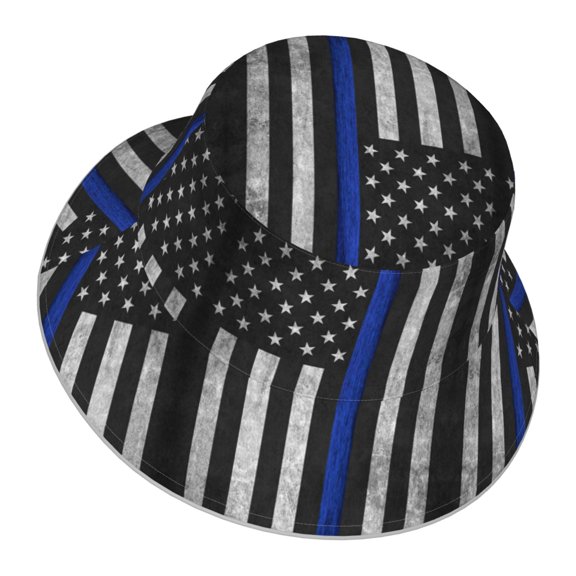 Thin Blue Line Flag Pattern Bucket Hat With Reflective Stripe For Men Women Reversible Outdoor Travel Hiking Beach Caps