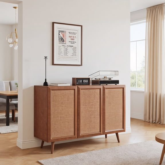 Resenkos Farmhouse Entryway Storage TV Stand Accent Buffet Sideboard Cabinet with Doors & Shelves - Brown