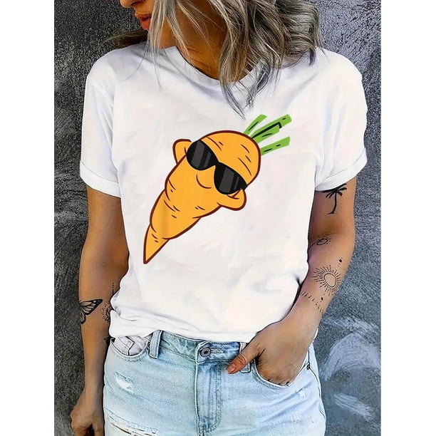 Creative Glasses Carrot Pattern Printed Women'S Fashionable Trendy Round Neck Short Sleeve, Simple Casual Sports T-Shirt, Comfortable Summer Top for Women During Holidays.