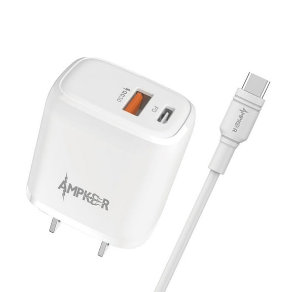 Ampker Wall Charger for OnePlus 11 5G - 38W Fast Charging Dual Port (QC 3.0 USB/20W USB-C) Home Travel Power Adapter with Type-C to Type-C Cable (5 Feet) - White