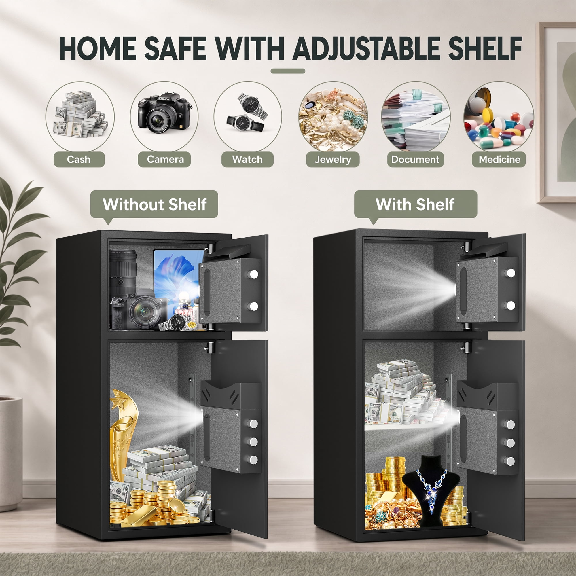 Silkight 6.5 Cu ft Large Safe Box, Money Safe with Adjustable Shelf and LED Light, Digital Keypad, Home Safes with Deposit Slot & Dual Alarm System