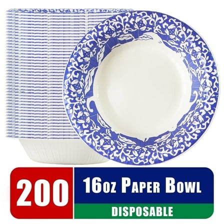 Verdelife 16 oz Paper Bowls, 200 Count, Porcelain Pattern Disposable Bowls, Heavy Duty Microwavable and Eco-Friendly Compostable, Suitable for Soups