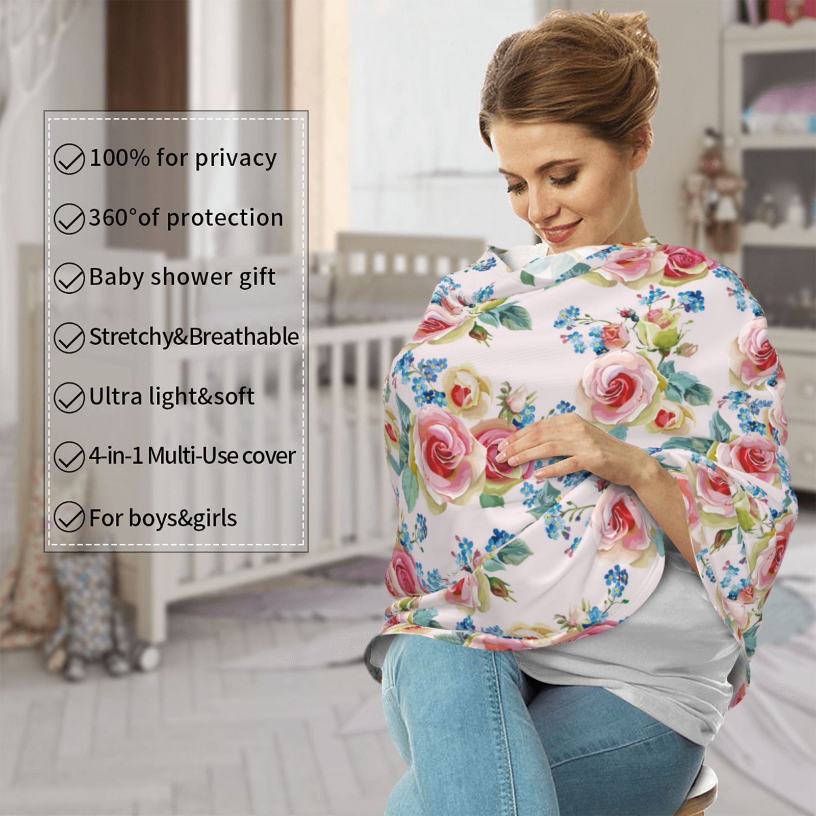 Fotbe Rose Flowers Pattern Car Seat Covers for Babies, Nursing Breastfeeding Cover Carseat Canopy, Soft Stretchy Carrier Cover