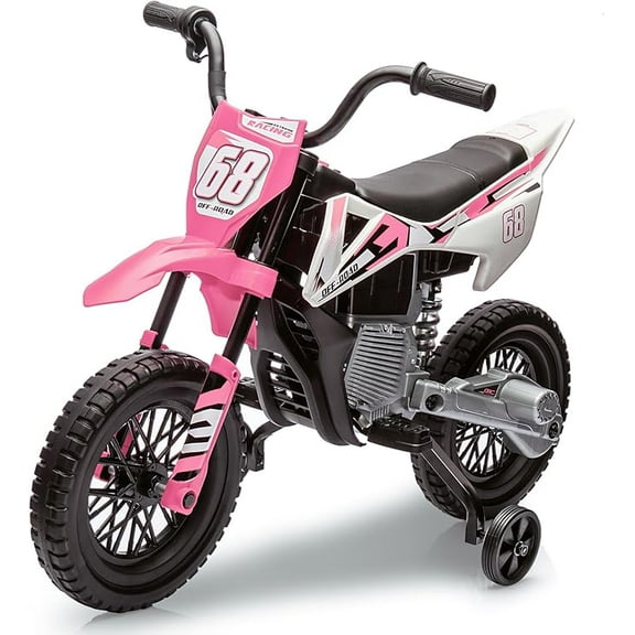 12V Kids Motorcycle w/Treaded Tires, 3.1mph Top Speed, Kids Motorcycle w/Training Wheels, Music, Bluetooth, Spring Suspension, Pink