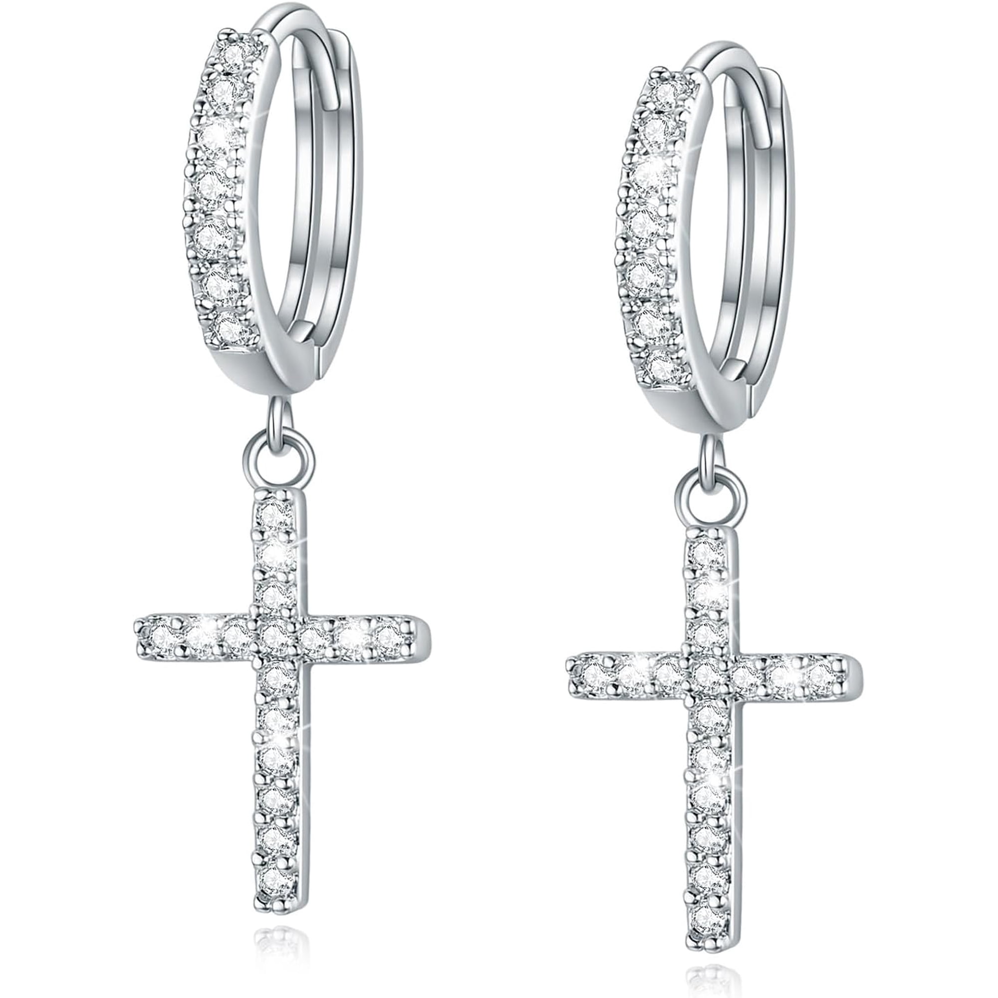 SUETOR Silver Plated Cross Dangle Huggie Earrings for Men Women, 10mm Pave Hoop with CZ Cross Pendant, Hypoallergenic Ear Stack Jewelry