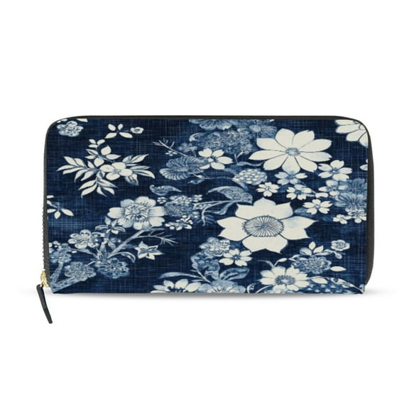 Qxltty White Vintage Flower in Indigo Blue Women's Leather Wallet Fashion Retro Multi Card Holder with Cell Phone Pocket Mothers Day Gifts