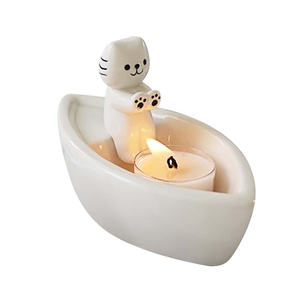 Gato en un barco Portavelas de cerámica Portavelas elegante Portavelas de escritorio Adorno para el día a día Para regalo